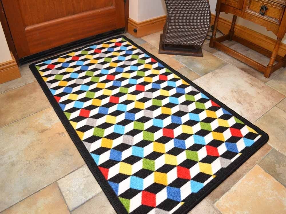 Riviera Multicoloured Cubes Non Slip Machine Washable Rug