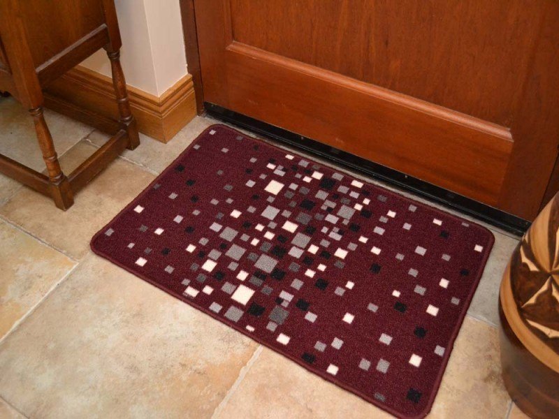 Riviera Plum Beige Squares Non Slip Machine Washable Rug
