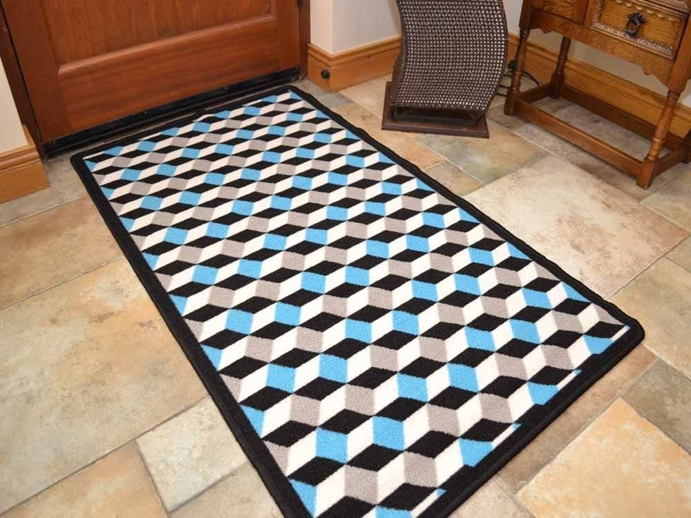 Riviera Teal Blue Cubes Non Slip Machine Washable Rug