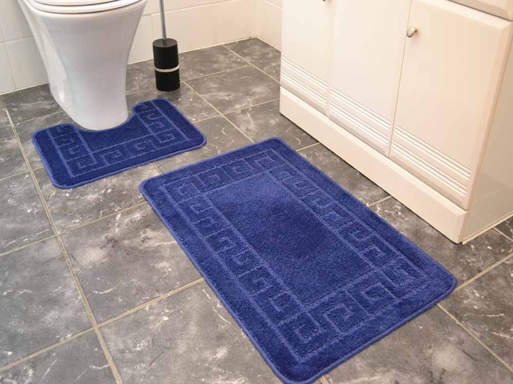 Navy Blue Greek Key Bath Mat Set (Washable Rugs - R0044)