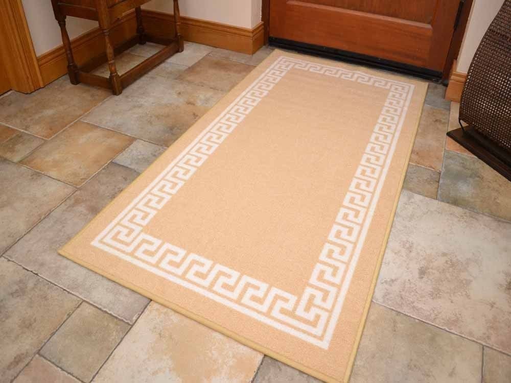 Beige White Greek Key Non Slip Machine Washable Rugs