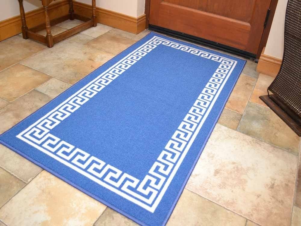 Blue Cream Greek Key Non Slip Machine Washable Rugs (Door Mats - M0012)