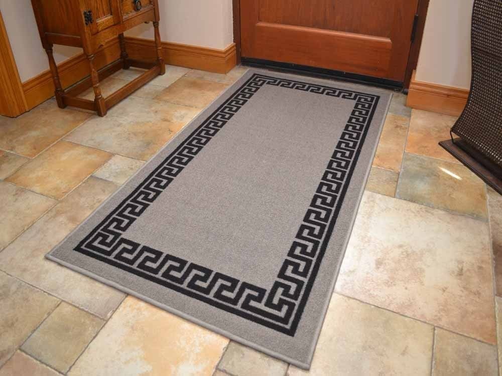 Grey Greek Key Non Slip Machine Washable Rugs (Door Mats)