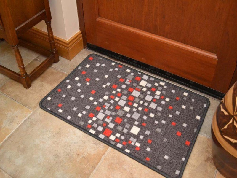 Riviera Dark Grey Red Squares Non Slip Machine Washable Rug (Door Mats)