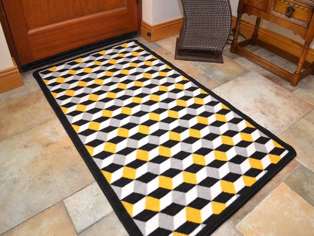 Riviera Ochre Cubes Non Slip Machine Washable Rug (Door Mats)