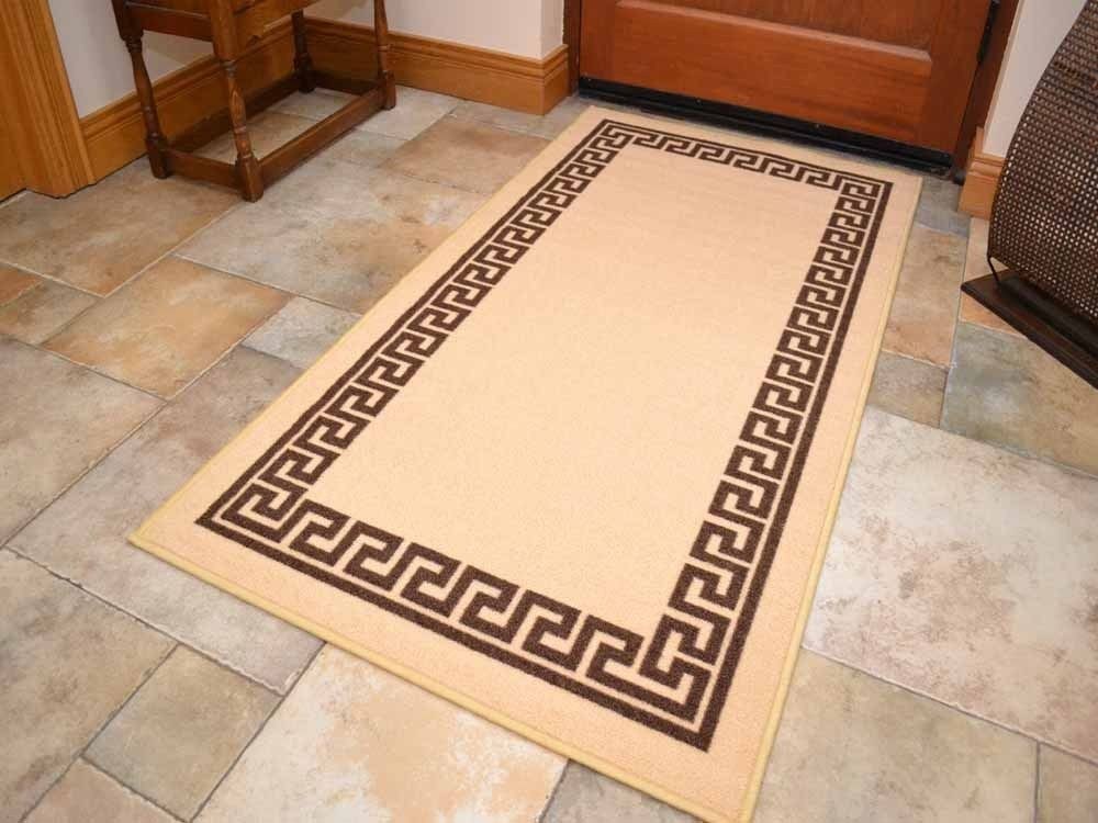 Beige Brown Greek Key Non Slip Machine Washable Rugs (Washable Rugs)