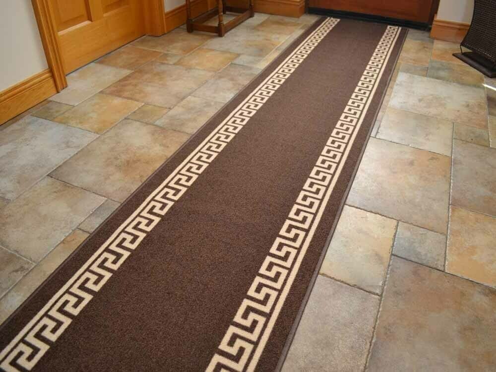 Brown and Beige Greek Key 80cm Washable Non-Slip Hall Runners