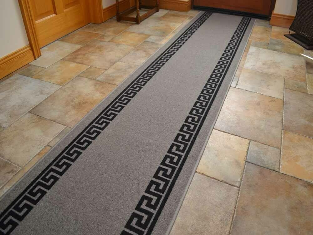 Grey and Black Greek Key 80cm Washable Non-Slip Hall Runners