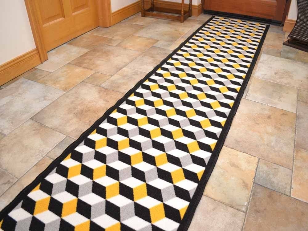 Riviera Ochre Cubes Non Slip Machine Washable Hall Runners