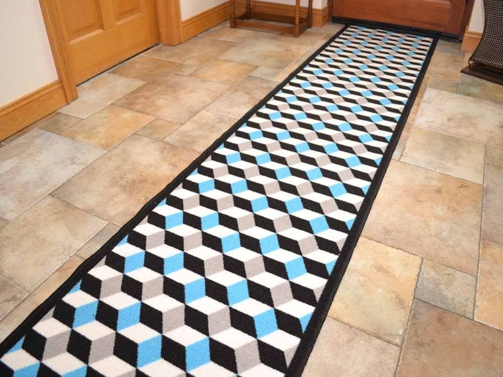Riviera Teal Blue Cubes Non Slip Machine Washable Hall Runners