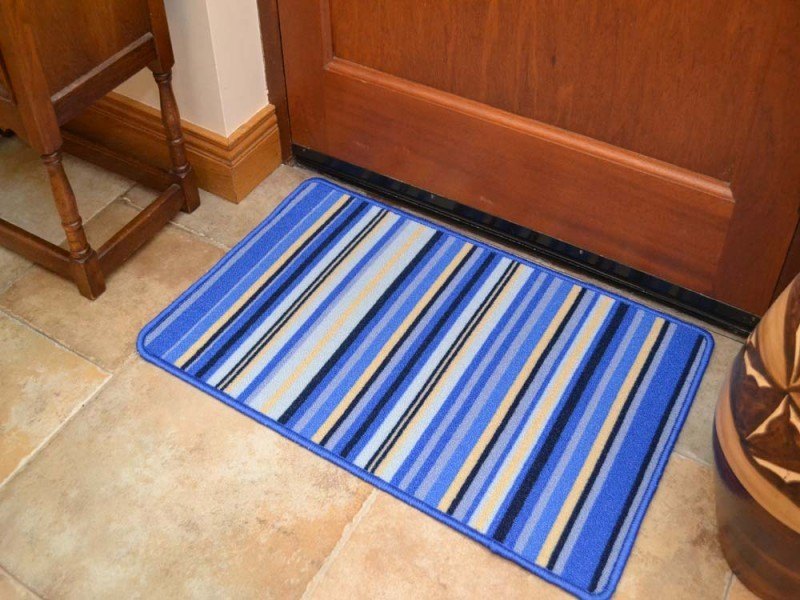 Riviera Blue And Off White Stripes Non Slip Machine Washable Rug (Kitchen Rugs)