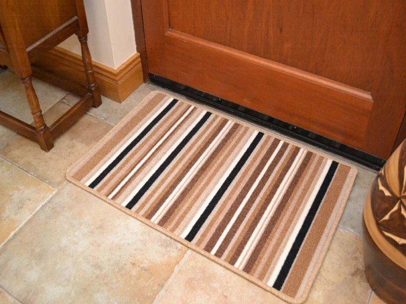 Riviera Chocolate Beige Stripes Non Slip Machine Washable Rug (Kitchen Rugs)