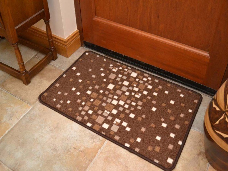 Riviera Chocolate Brown Beige Squares Non Slip Machine Washable Rug (Kitchen Rugs)