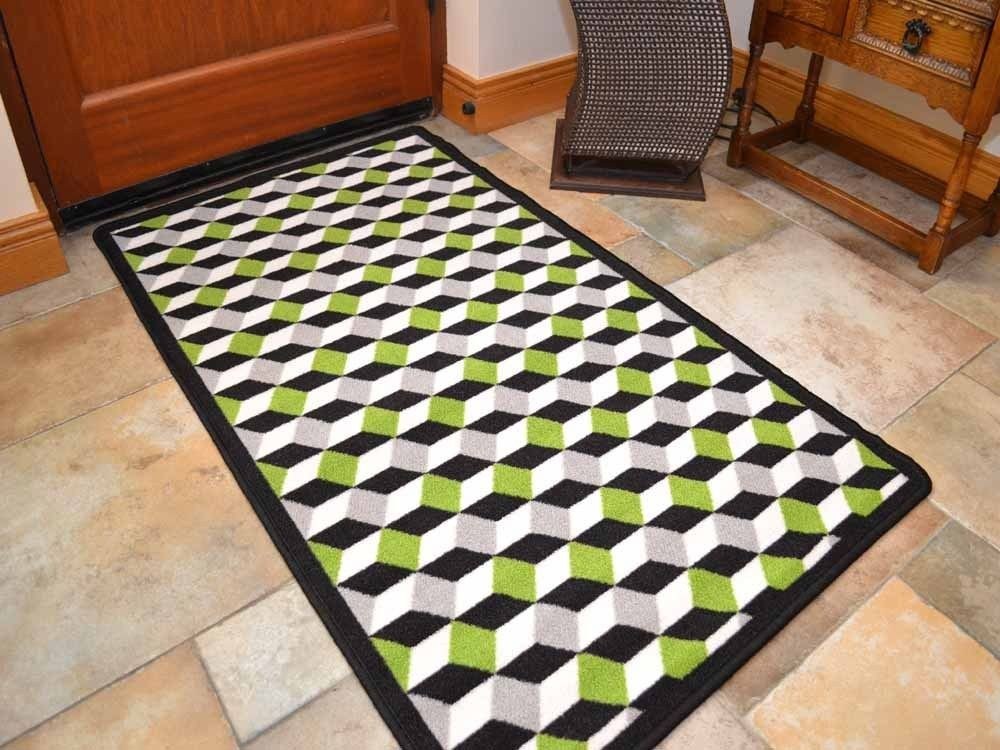 Riviera Green Cubes Non Slip Machine Washable Rug